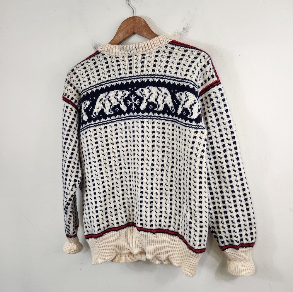 L.L. Bean Ivory, Navy & Red Elk Motif Wool Cardigan - Picture 5 of 11